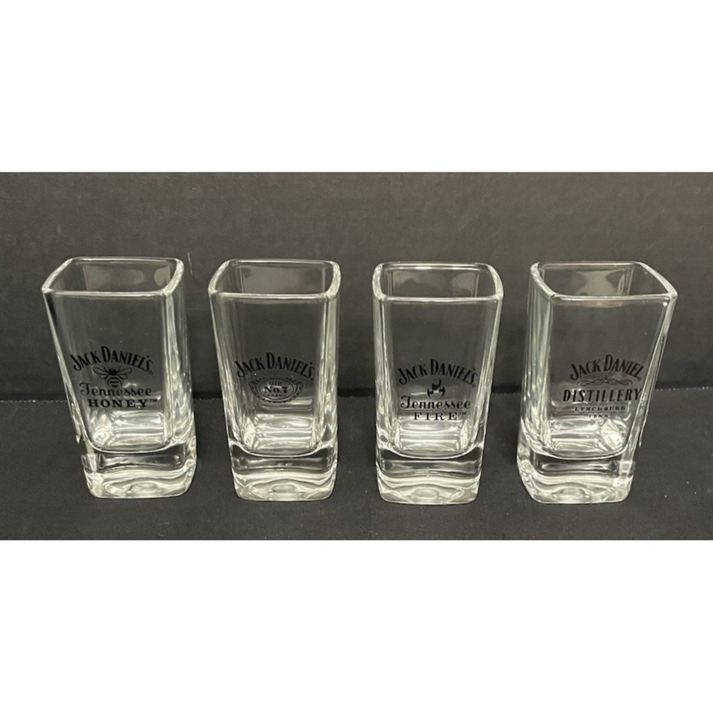 Jack Daniel's Shot Glass Set 4 Square Barware 2 oz Tennessee Honey Old No 7 Fire